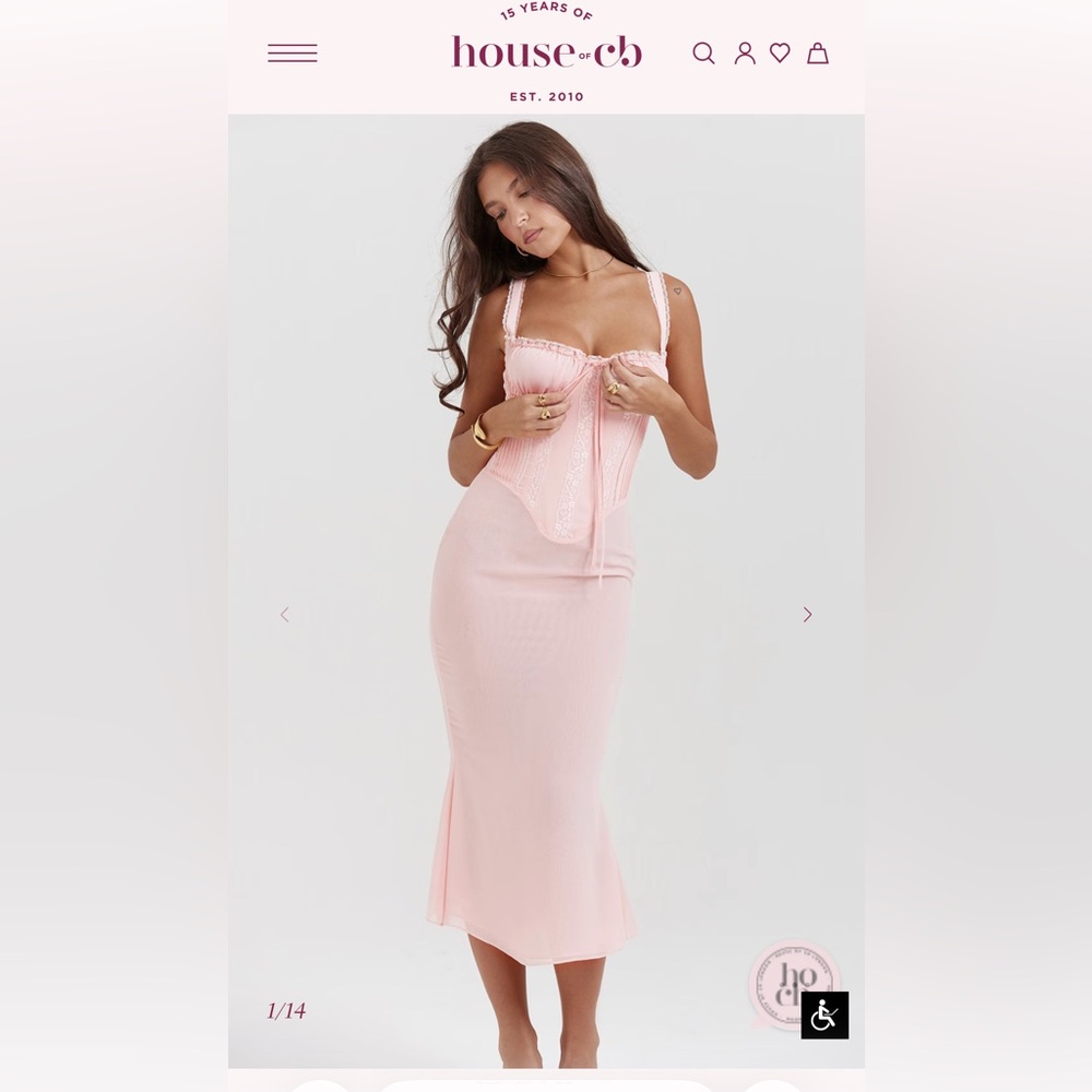 House of CB Syrah soft peach lace back midi dress